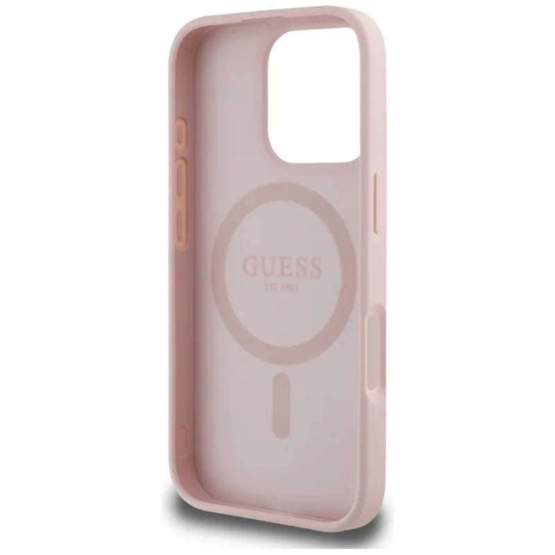 Guess Grained Hot Stamp Peony Triangle Logo MagSafe – Dėklas iPhone 16 Pro (rožinis)