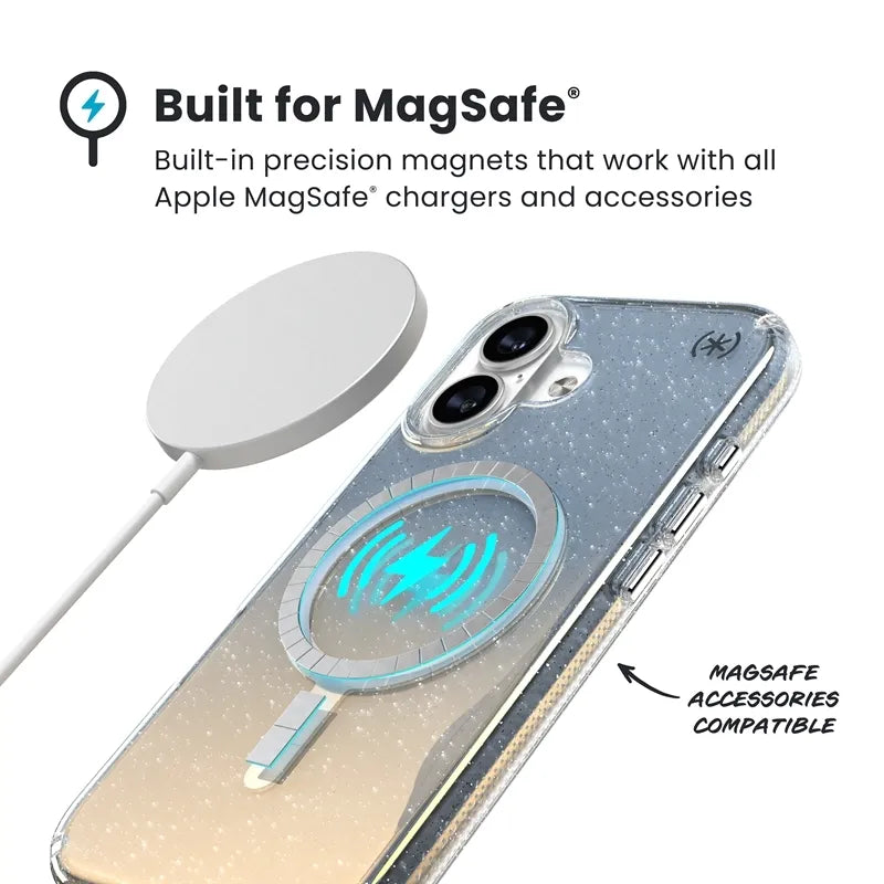 Speck Presidio Lux MagSafe – iPhone 17 dėklas (Hyper Mirror Glitter / Silver Metallic)
