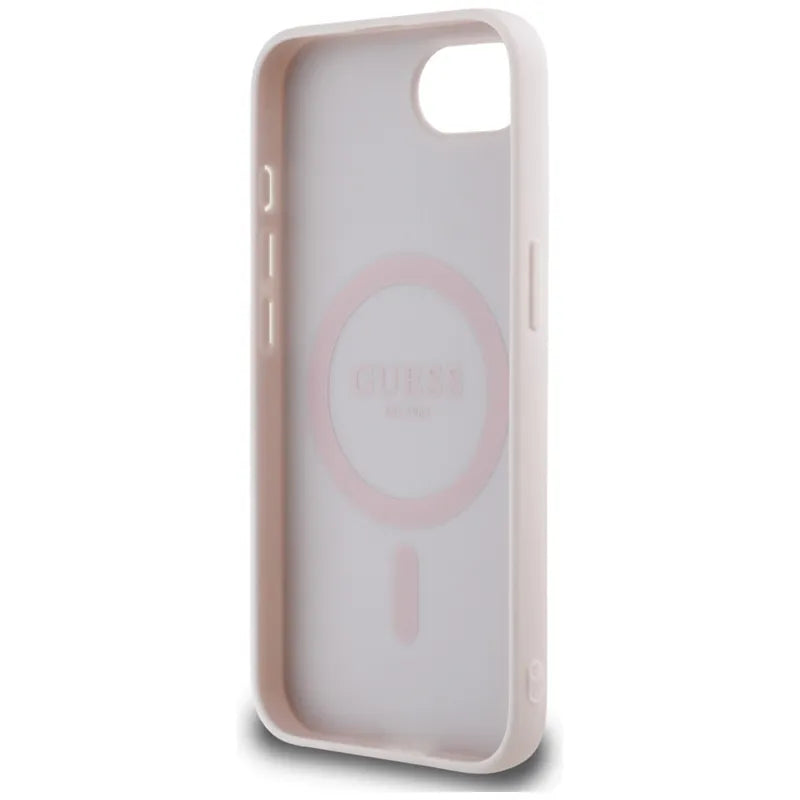 Guess Grained Hot Stamp Peony Triangle Logo MagSafe – dėklas iPhone 16e (smėlio spalvos)