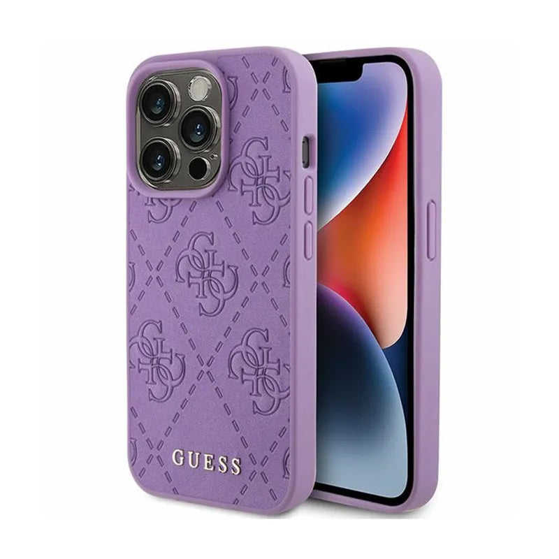 Guess Leather 4G Stamped – dėklas iPhone 15 Pro Max (violetinis)