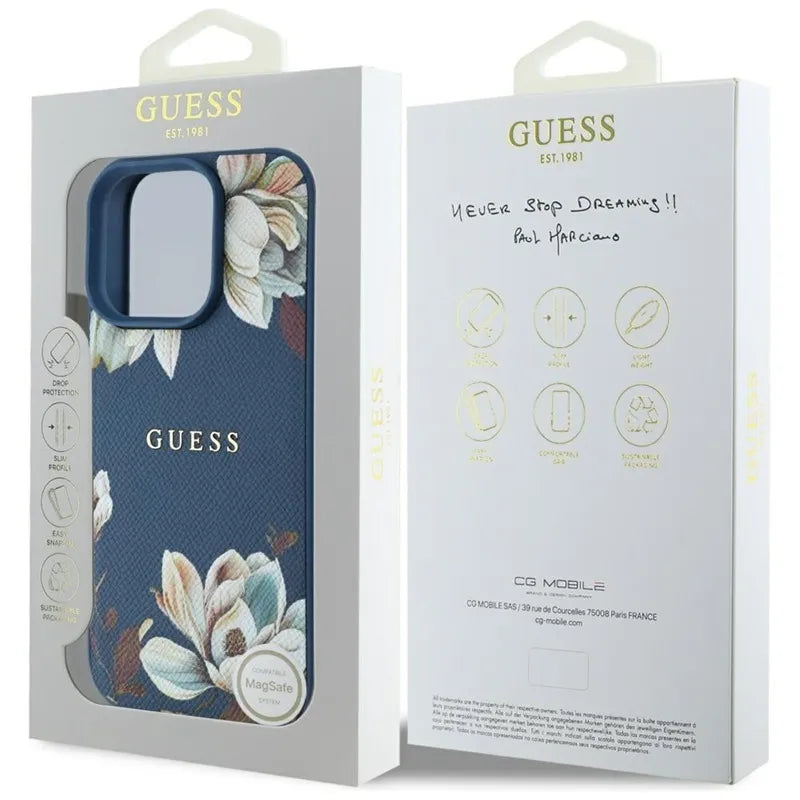 Guess Grained Printed Flower Pattern MagSafe – dėklas iPhone 16 Pro (mėlynas)