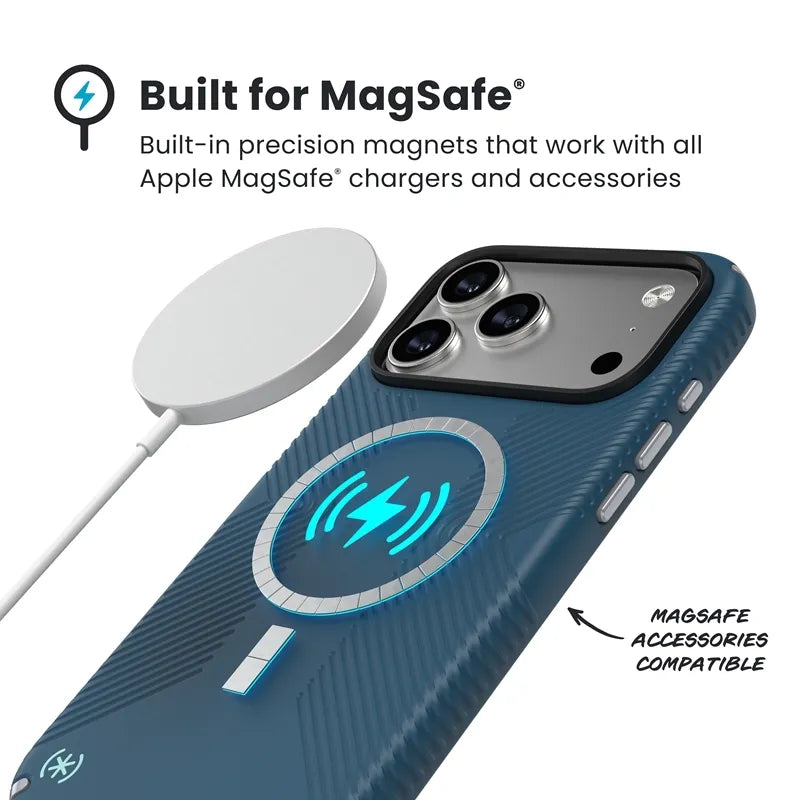 Speck Presidio2 Grip MagSafe – dėklas iPhone 17 Pro Max (Deep Sea/sidabrinė metalo spalva)