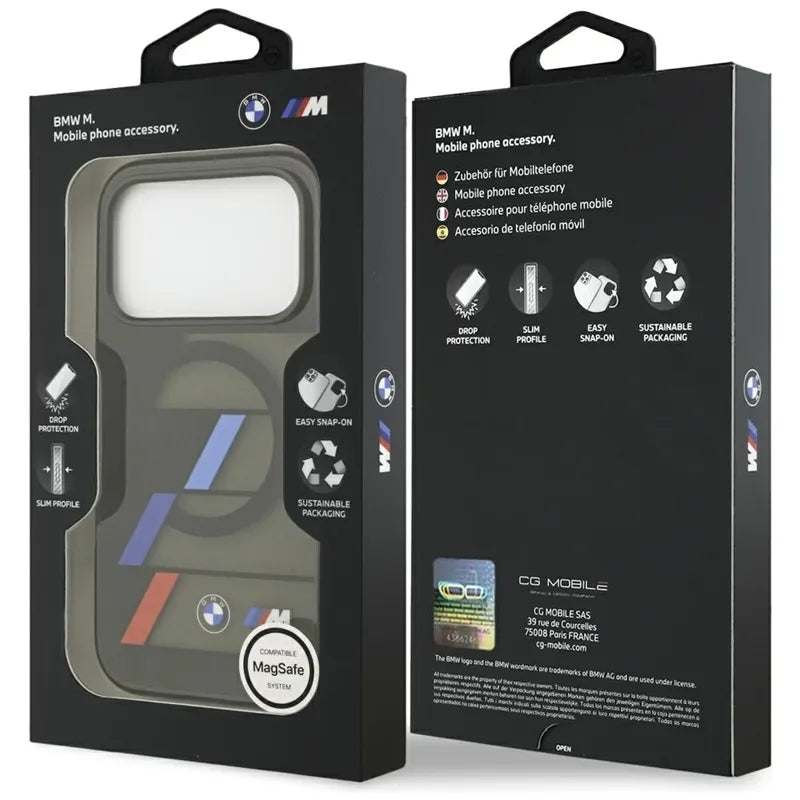 BMW M IML Metal Buttons Tricolor Lines MagSafe – dėklas, skirtas iPhone 17 Pro Max (juodas)