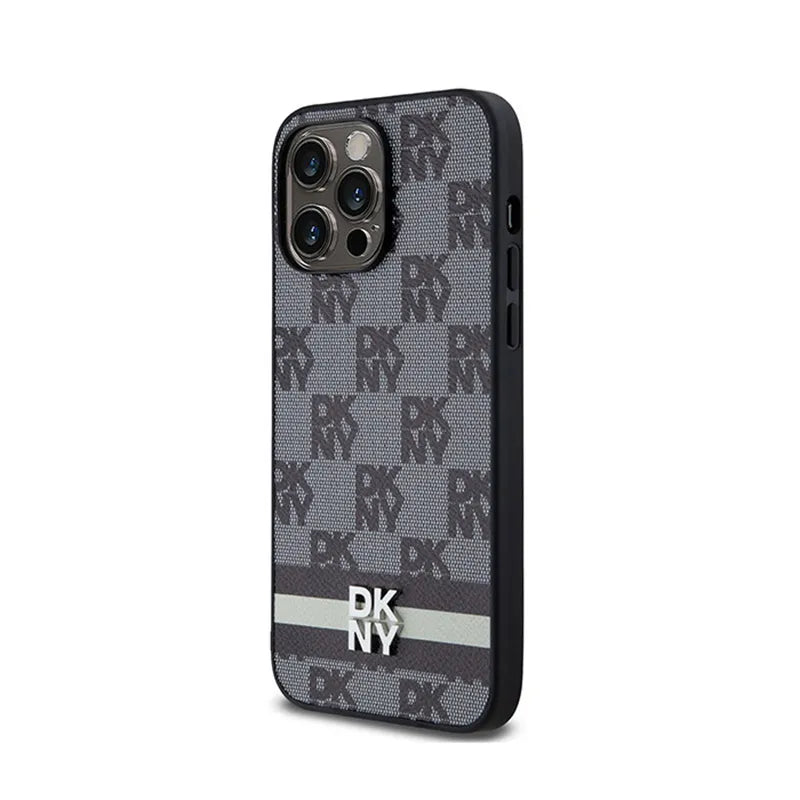 DKNY Leather Checkered Mono Pattern & Printed Stripes – dėklas iPhone 14 Pro Max (juodas)