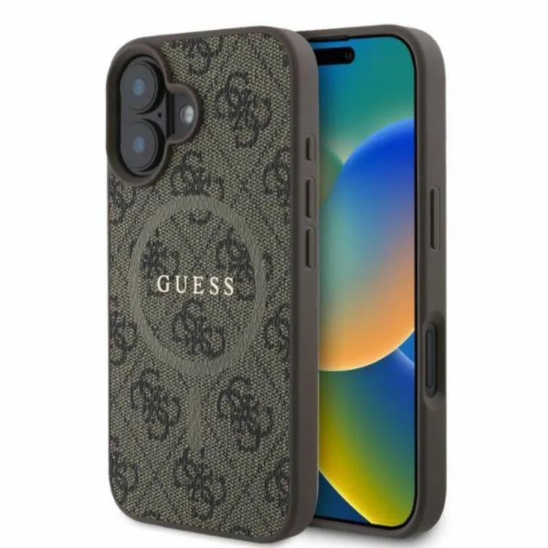 Guess 4G Ring Classic Logo MagSafe – dėklas iPhone 16 (rudas)
