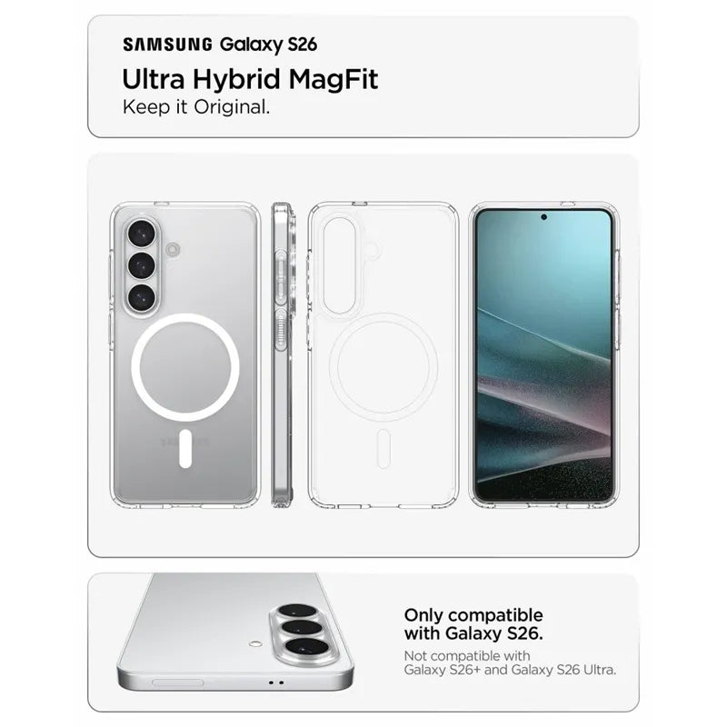 Spigen Ultra Hybrid Mag MagSafe – Dėklas Samsung Galaxy S26 (skaidrus/baltas)