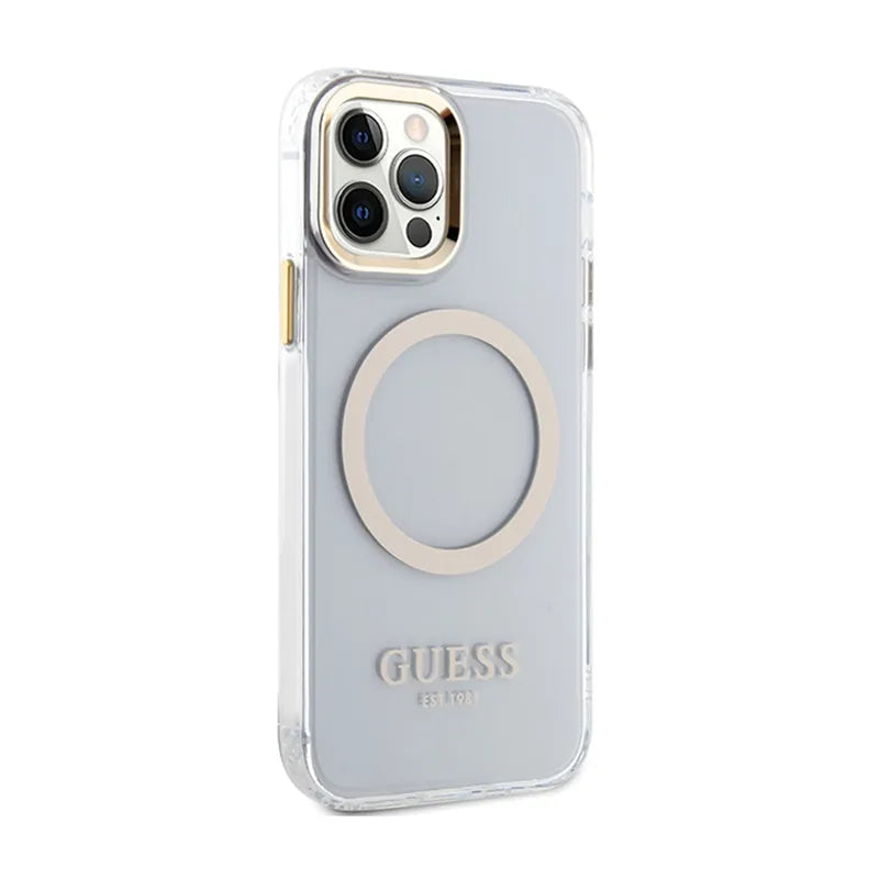 Guess Metal Outline MagSafe – dėklas iPhone 12 / iPhone 12 Pro telefonui (skaidrus / auksinis)