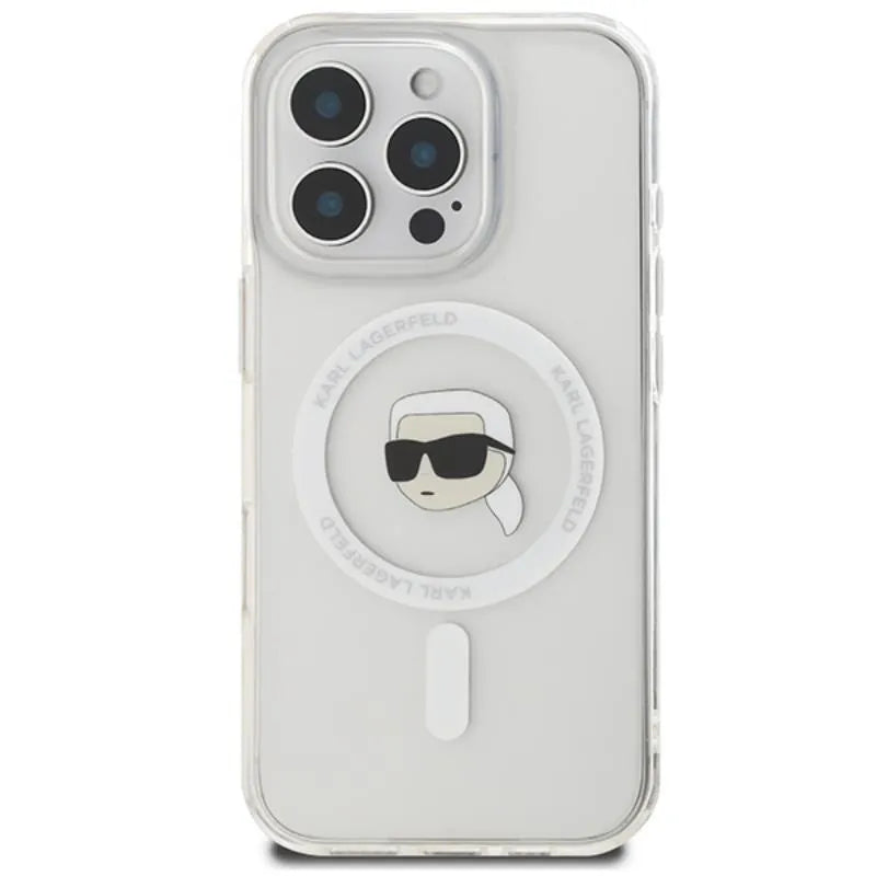 Karl Lagerfeld IML Metal Karl Head MagSafe - dėklas iPhone 16 Pro (baltas)