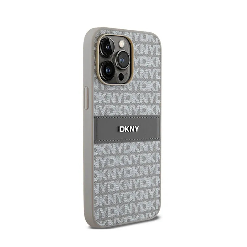DKNY Leather Mono Stripe & Metal Logo – dėklas iPhone 14 Pro (smėlio spalvos)