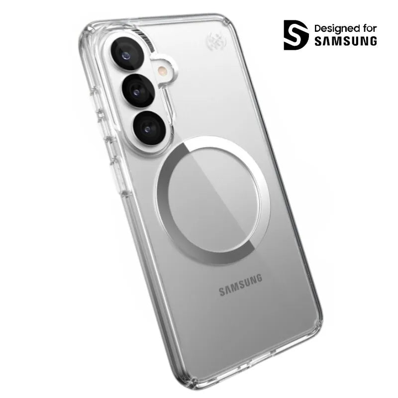 Speck Presidio Perfect-Clear Magnet – Samsung Galaxy S26 MagSafe dėklas (skaidrus/sidabrinis)