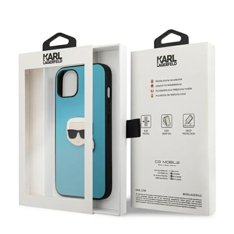 Karl Lagerfeld PU odinis dėklas su metaline Karl's Head detale - iPhone 13 mini (mėlynas)