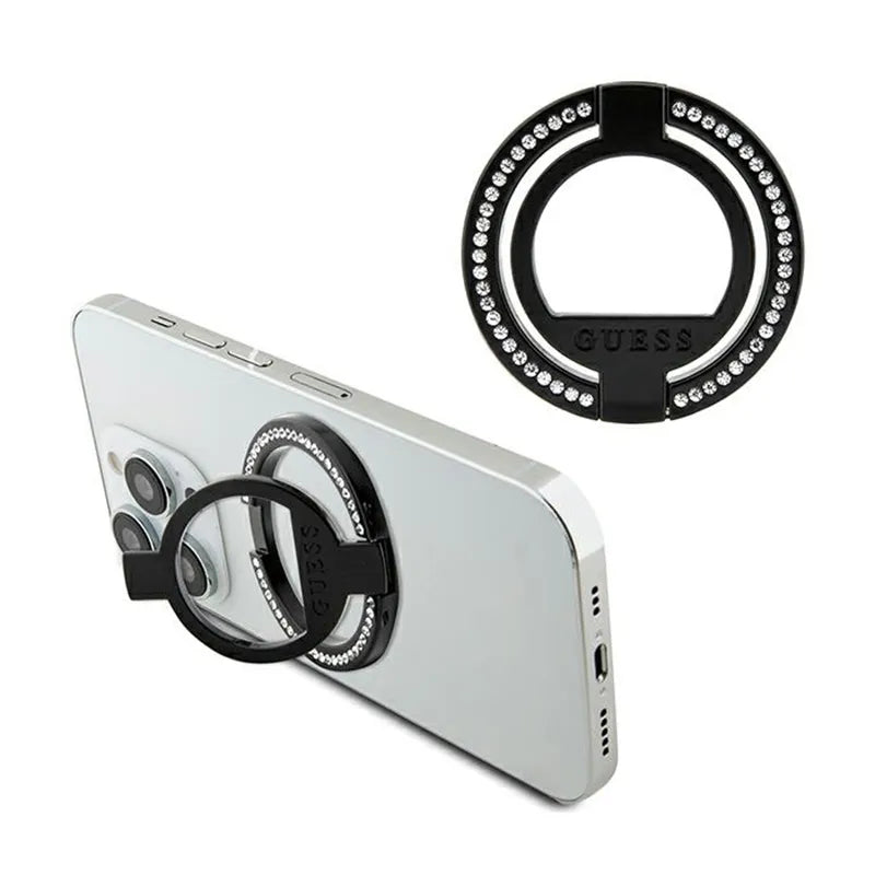 Guess MagSafe Ring Stand Rhinestone – magnetinis piršto laikiklis telefonui su stovo funkcija (juodas)