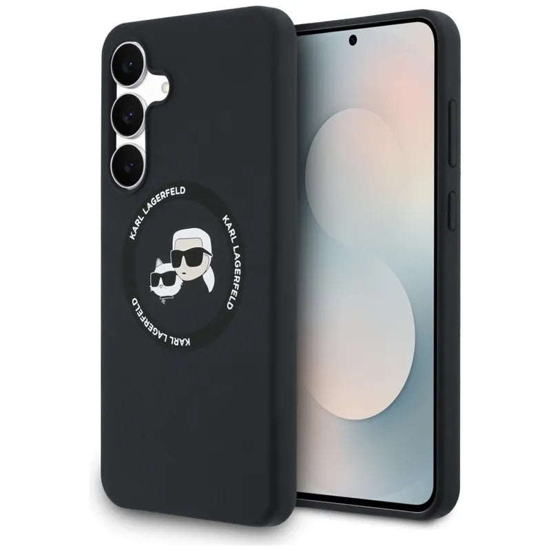 Karl Lagerfeld Silicone Karl & Choupette Heads MagSafe – Dėklas Samsung Galaxy S25 FE (juodas)