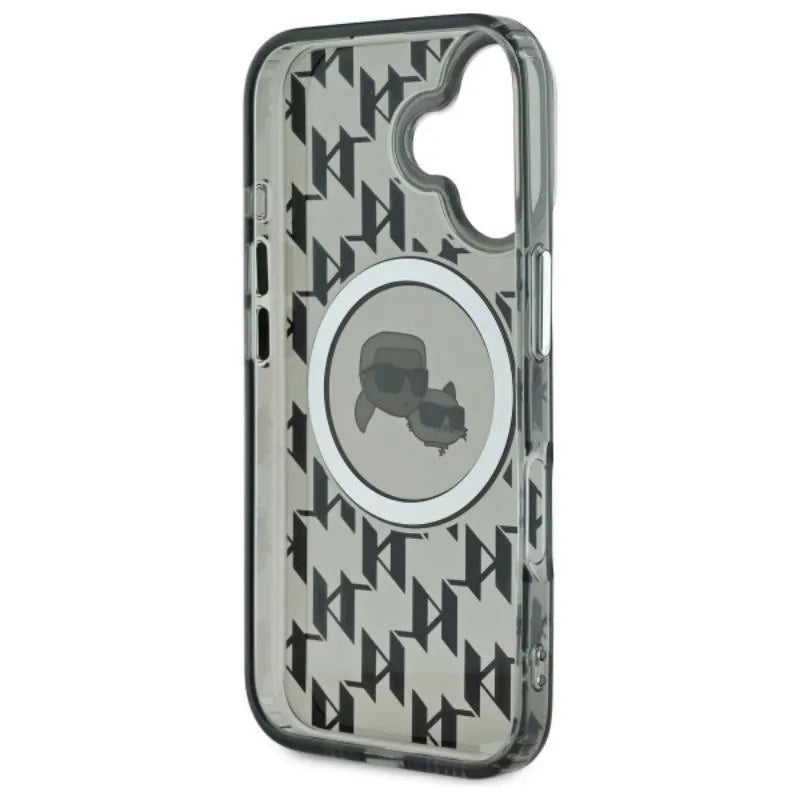 Karl Lagerfeld IML Monogram Karl & Choupette Head MagSafe – dėklas, skirtas iPhone 16 (juodas)