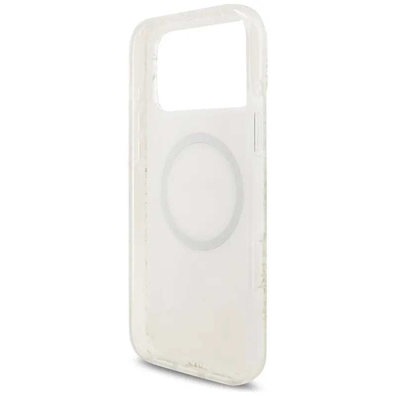 Guess IML Flowers Electro Pearl Strap MagSafe – Dėklas iPhone 17 Pro Max (baltas)