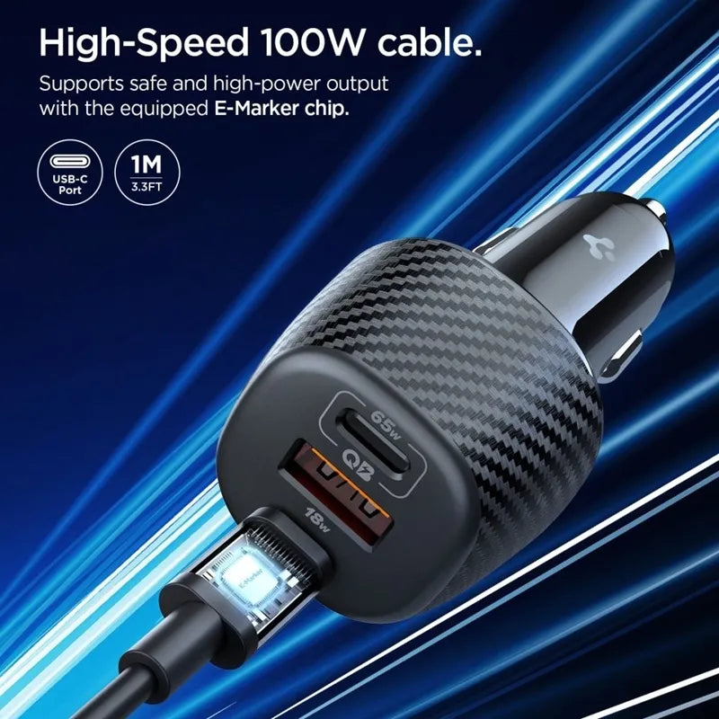 Spigen Essential EV1133 – automobilinis įkroviklis 2x USB-C PD ir USB-A QC3.0 113 W + 100 W, USB-C laidas, 1 m (juodas)