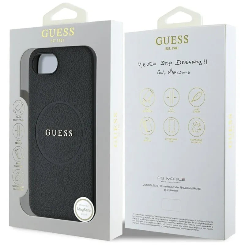 Guess Grained Ring MagSafe – dėklas iPhone 16e (juodas)