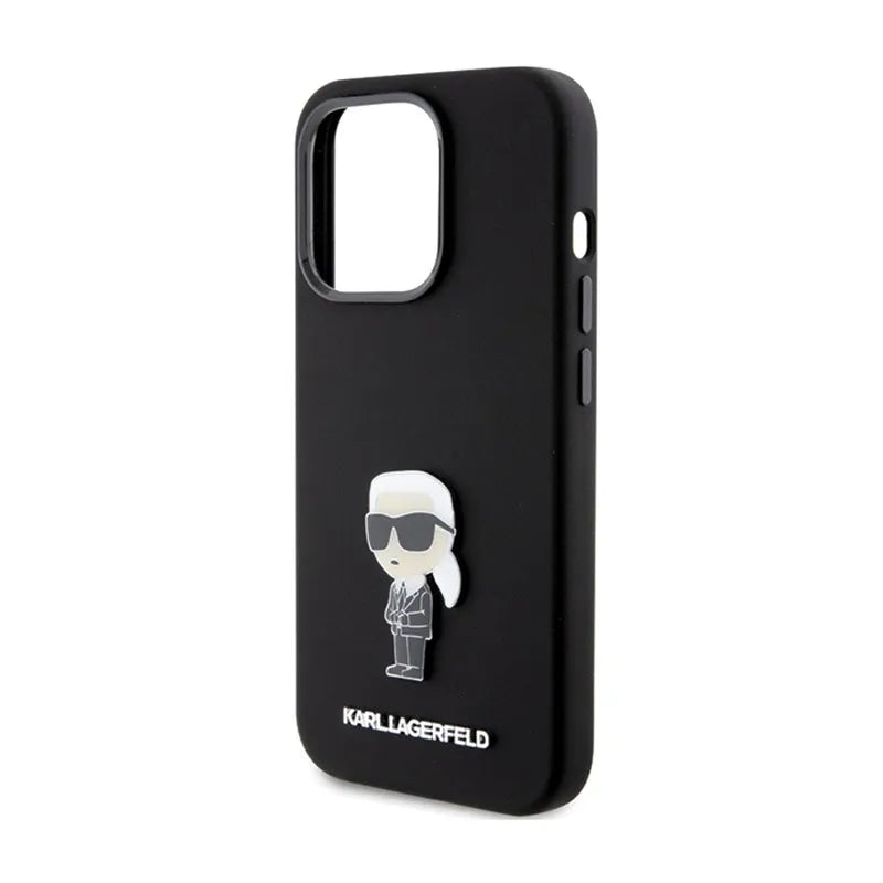 Karl Lagerfeld Silicone Ikonik Metal Pin - dėklas telefonui iPhone 15 Pro (juodas)