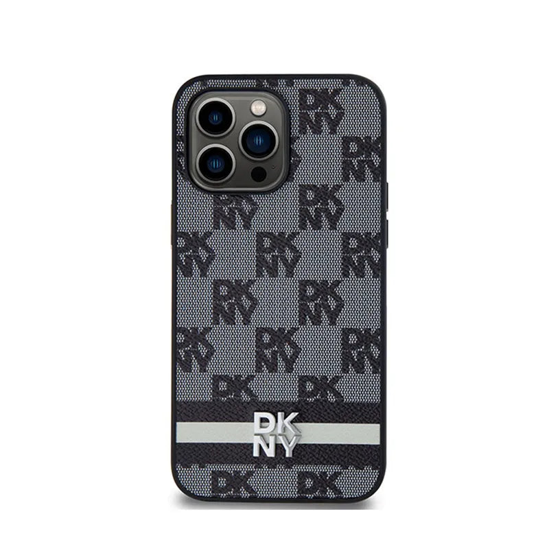 DKNY Leather Checkered Mono Pattern & Printed Stripes – dėklas iPhone 14 Pro Max (juodas)