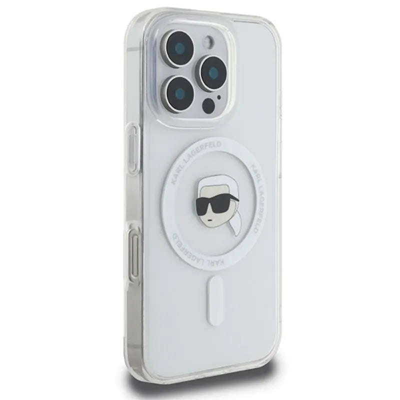 Karl Lagerfeld IML Metal Karl Head MagSafe - dėklas iPhone 16 Pro (baltas)