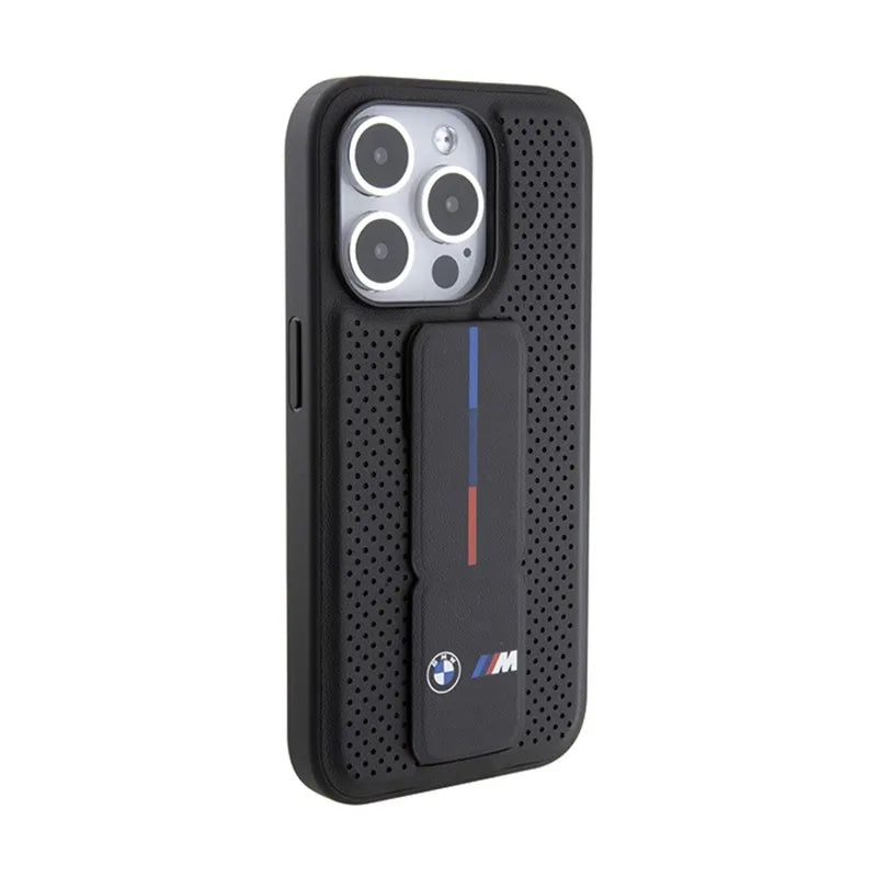 BMW Grip Stand Smooth & Perforated - dėklas iPhone 15 Pro telefonui (juodas)