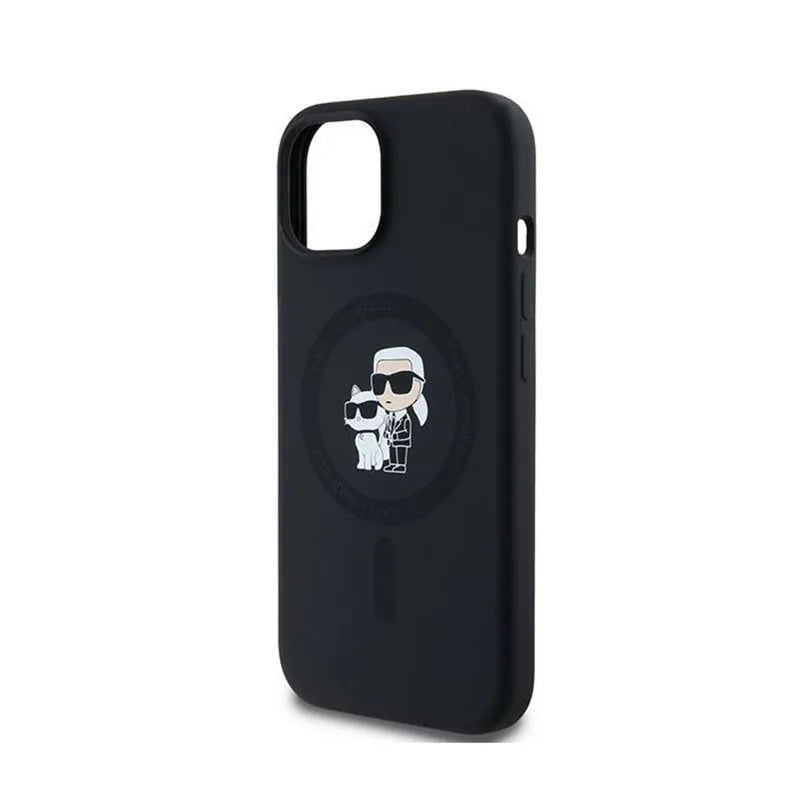 Karl Lagerfeld Silicone Karl & Choupette MagSafe – dėklas, skirtas iPhone 15 Plus / 14 Plus (juodas)