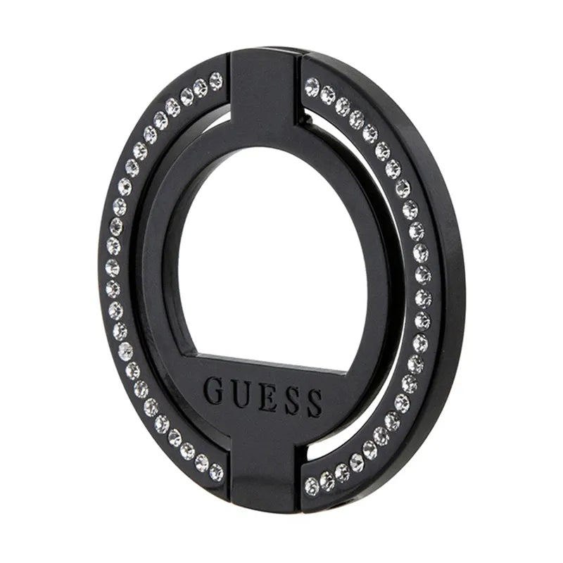 Guess MagSafe Ring Stand Rhinestone – magnetinis piršto laikiklis telefonui su stovo funkcija (juodas)