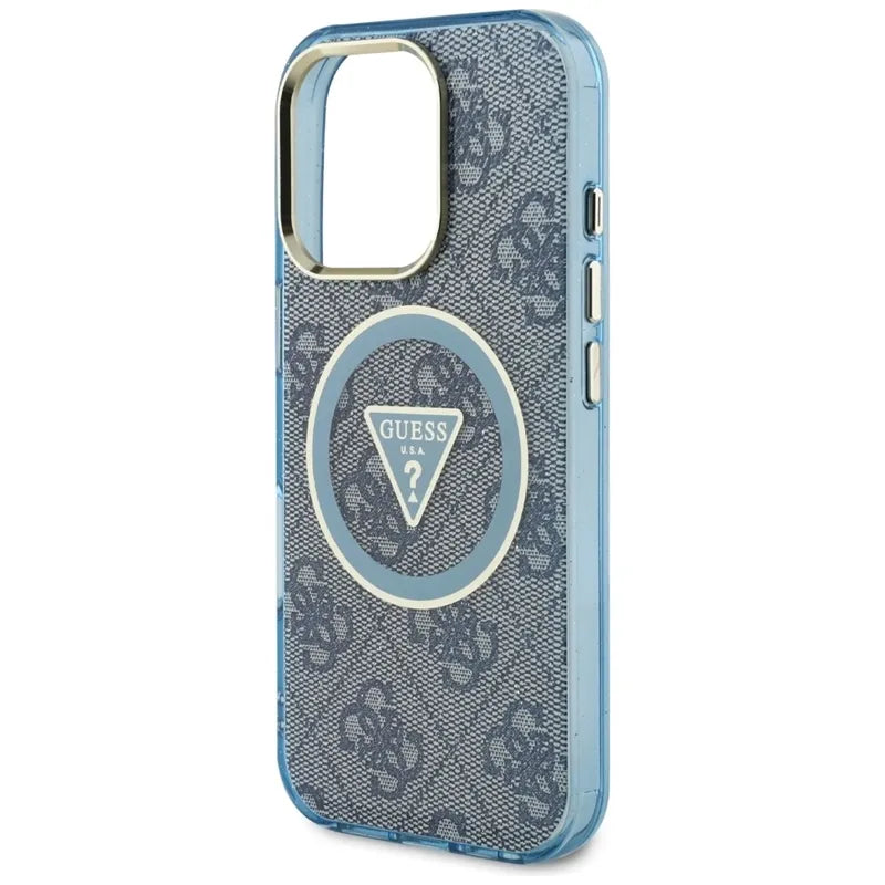 Guess IML Metal Glitter 4G Circle Triangle MagSafe – dėklas iPhone 16 Pro Max telefonui (mėlynas)