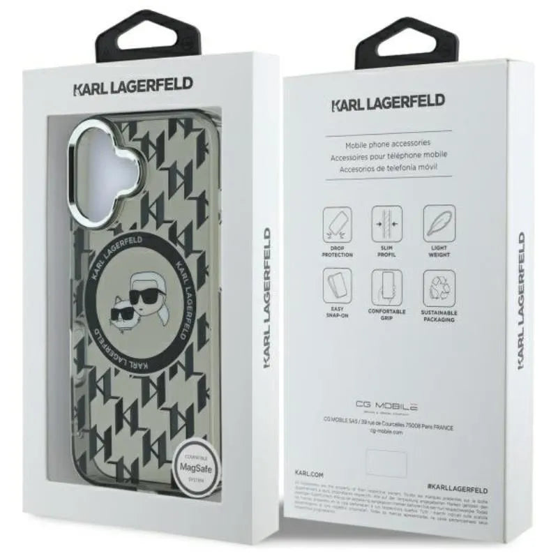 Karl Lagerfeld IML Monogram Karl & Choupette Head MagSafe – dėklas, skirtas iPhone 16 (juodas)