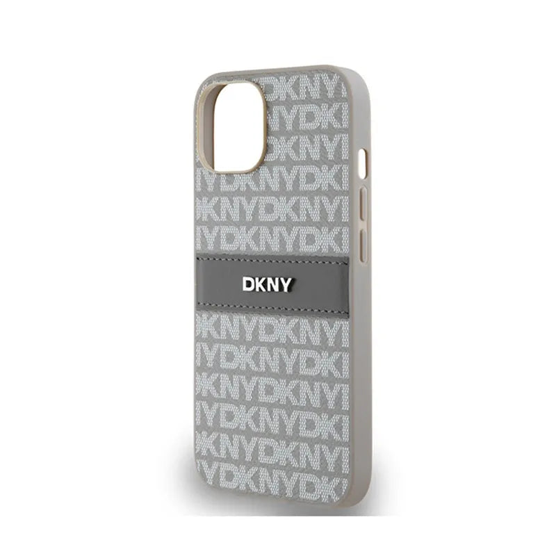 DKNY Leather Mono Stripe & Metal Logo – dėklas iPhone 14 / 15 / 13 (smėlio spalvos)