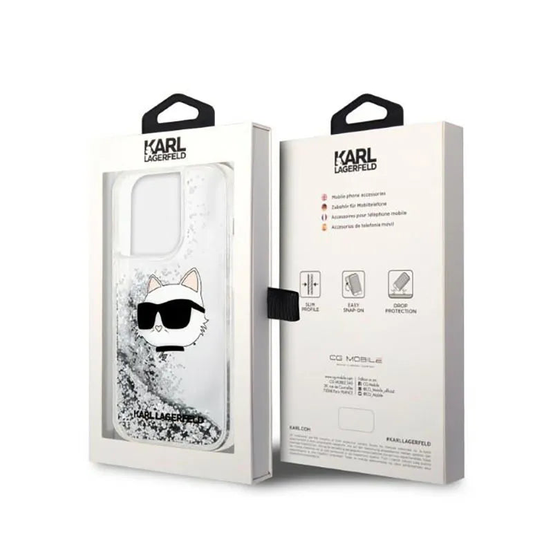 Karl Lagerfeld Liquid Glitter NFT Choupette Head – dėklas iPhone 14 Pro (sidabrinis)