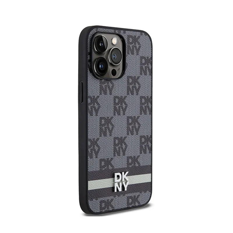 DKNY Leather Checkered Mono Pattern & Printed Stripes – dėklas iPhone 14 Pro Max (juodas)