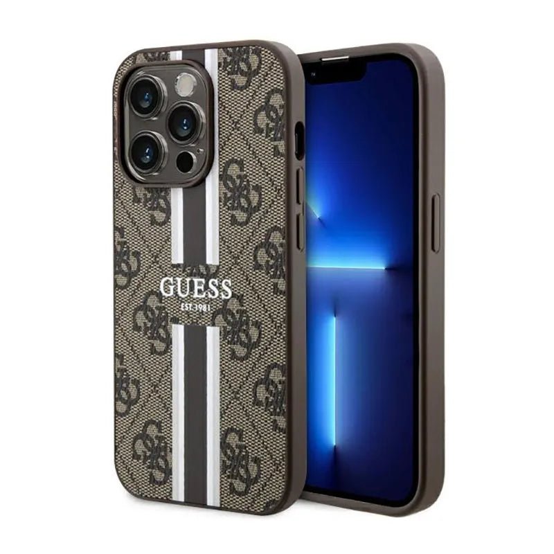 Guess 4G Printed Stripes MagSafe – dėklas iPhone 14 Pro (rudas)