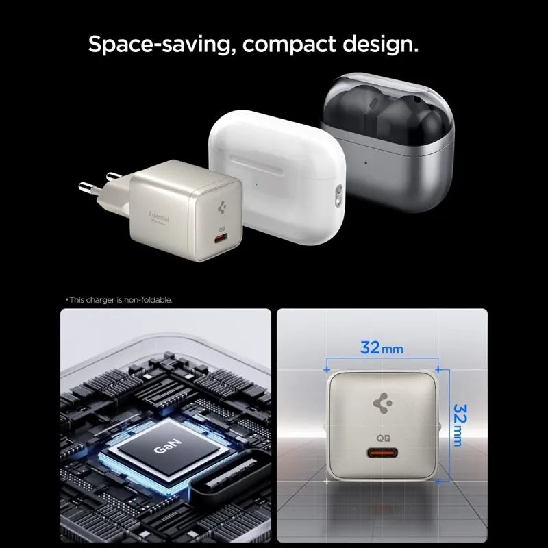 Spigen Essential EE301EU GaN – USB-C PD PPS 30W sieninis įkroviklis (Natural Titanium)