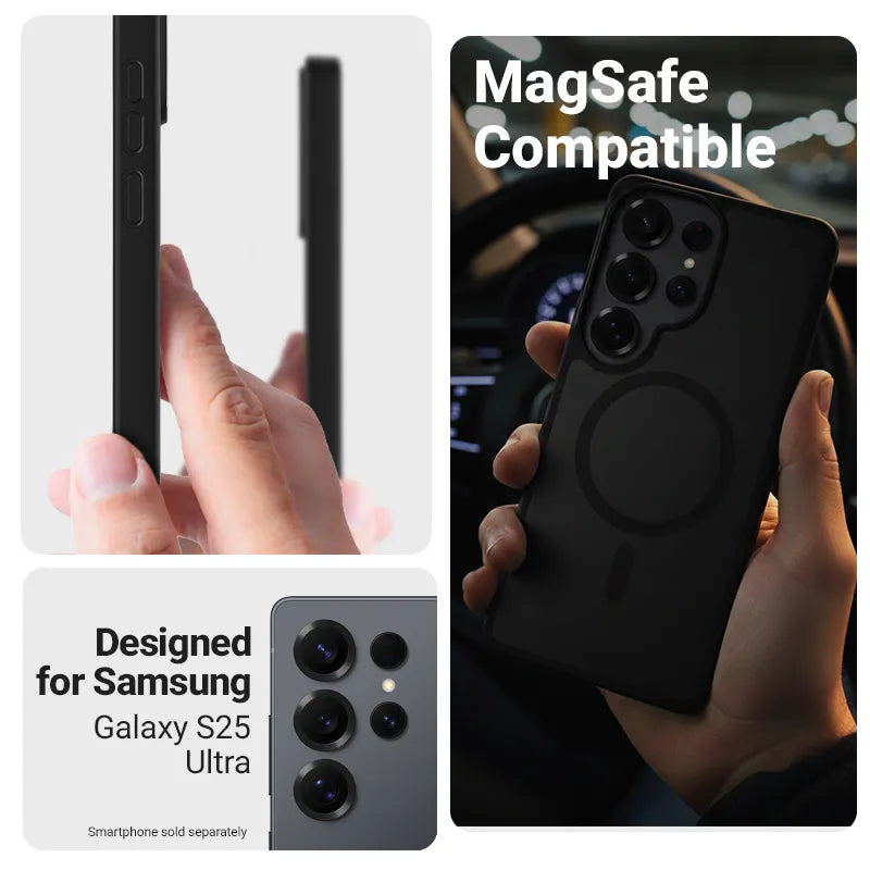 Crong Hybrid Matte Magnetic – „MagSafe“ dėklas, skirtas „Samsung Galaxy S25 Ultra“ (juodas)