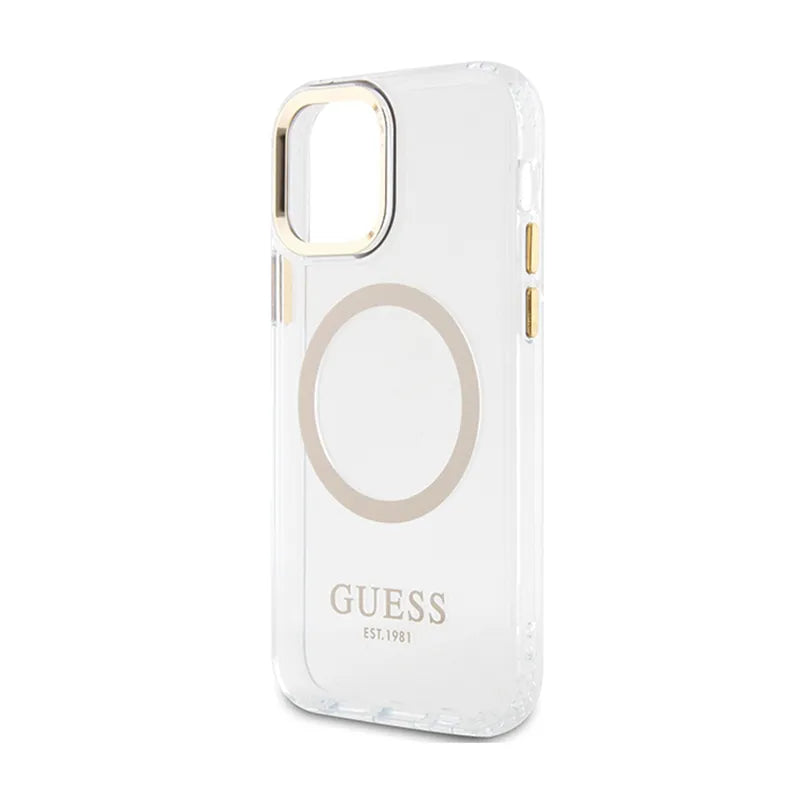Guess Metal Outline MagSafe – dėklas iPhone 12 / iPhone 12 Pro telefonui (skaidrus / auksinis)