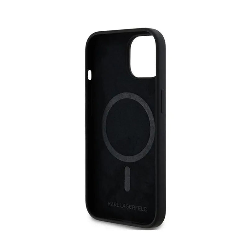 Karl Lagerfeld Silicone Karl & Choupette MagSafe – dėklas, skirtas iPhone 15 Plus / 14 Plus (juodas)