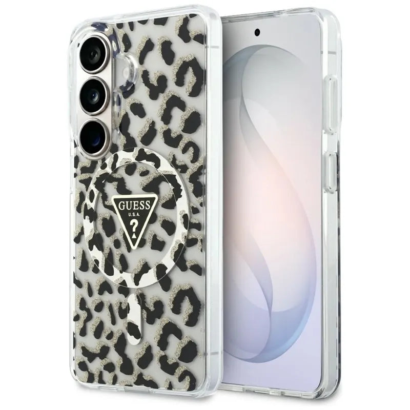 Guess IML Leopard Print Triangle MagSafe – Samsung Galaxy S26 dėklas (juodas)