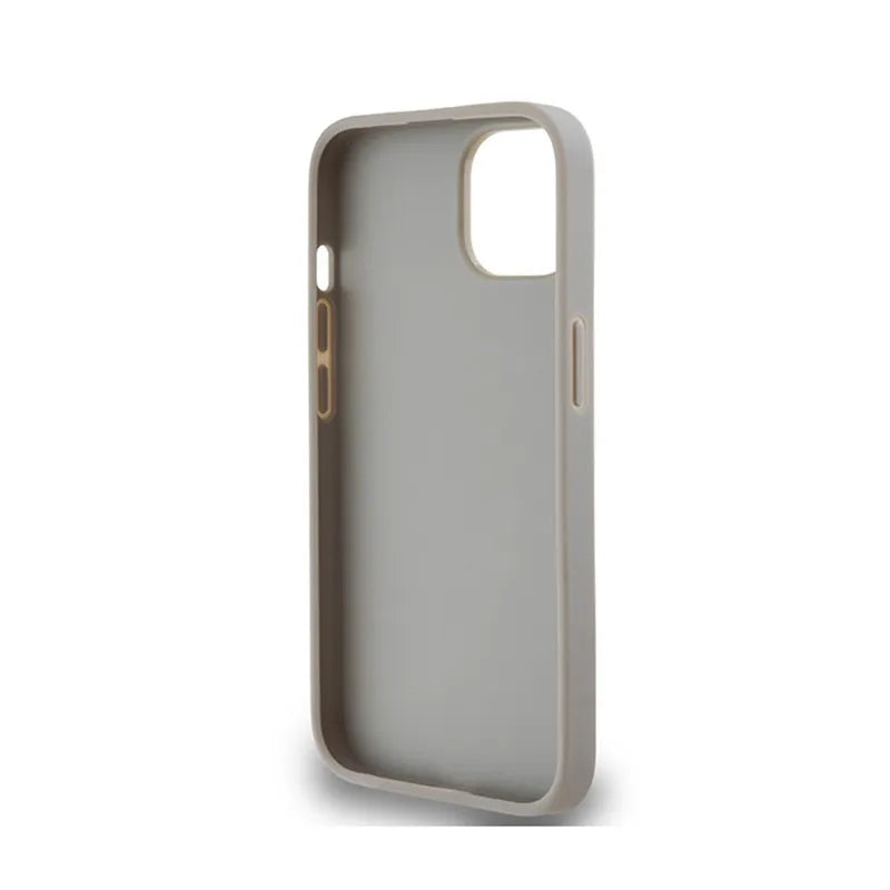 DKNY Leather Mono Stripe & Metal Logo – dėklas iPhone 14 / 15 / 13 (smėlio spalvos)