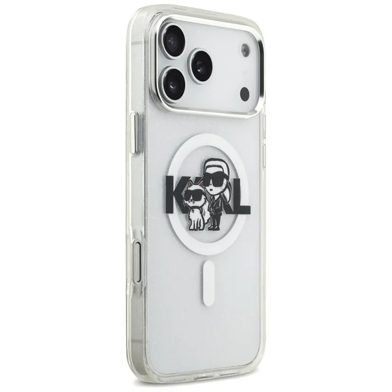 Karl Lagerfeld IML Glitter Karl & Choupette Sketch Logo MagSafe – dėklas iPhone 17 Pro Max (skaidrus)