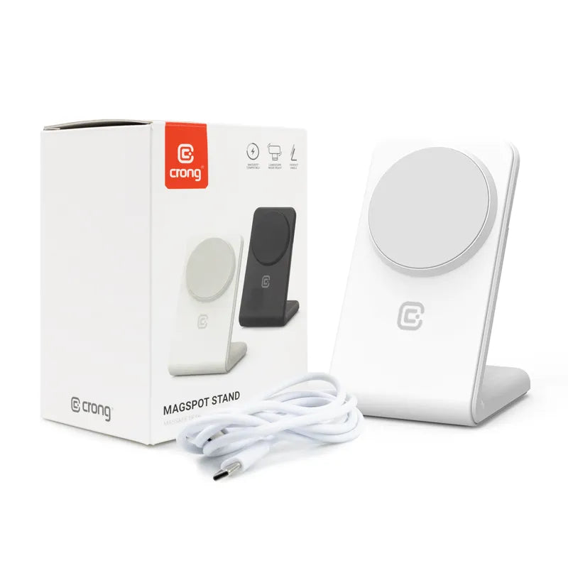 Crong MagSpot Stand – 2-in-1 belaidis įkroviklis su „MagSafe“, skirtas „iPhone“ ir „AirPods“ (baltas)