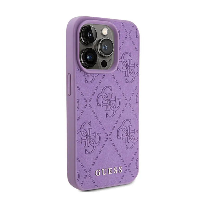 Guess Leather 4G Stamped – dėklas iPhone 15 Pro Max (violetinis)