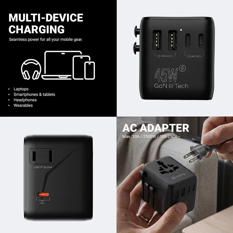 Crong One World kelioninis adapteris – universalus GaN kelioninis adapteris 45W UK/EU/US/AU (baltas)