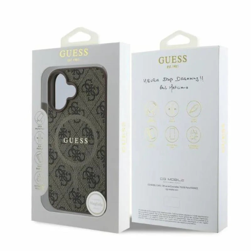 Guess 4G Ring Classic Logo MagSafe – dėklas iPhone 16 (rudas)
