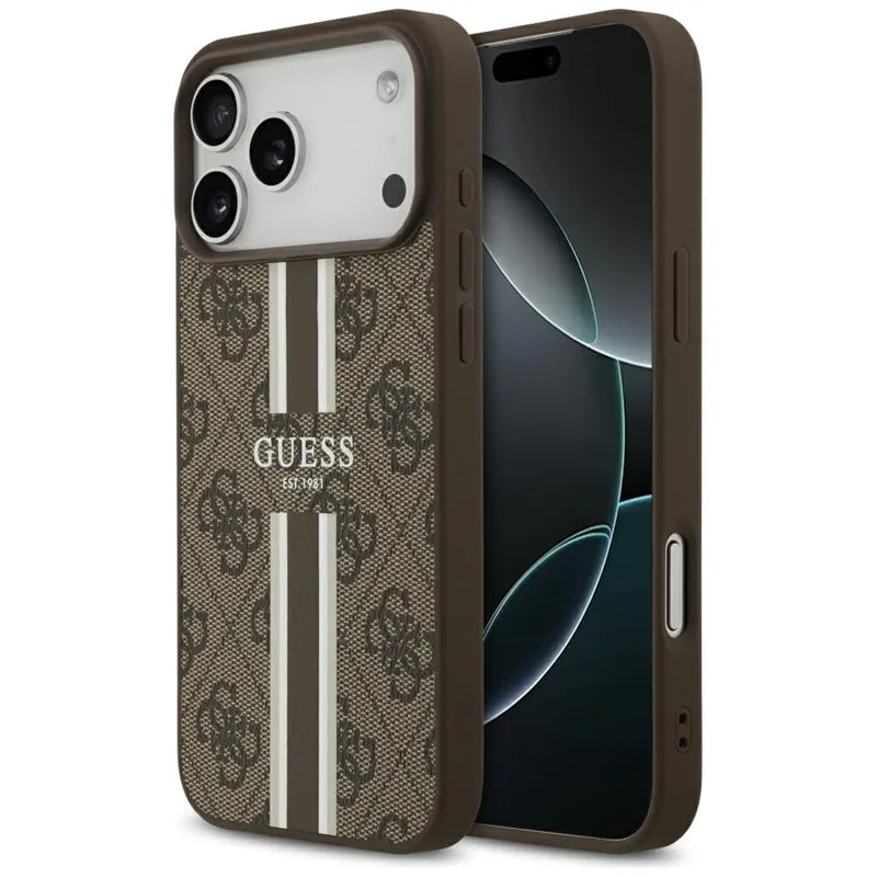 Guess 4G Printed Stripes MagSafe – Dėklas iPhone 17 Pro Max (rudos spalvos)