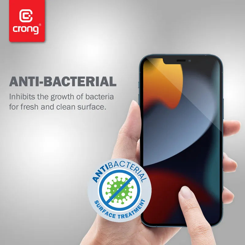 Crong Anti-Bacterial 3D Armor Glass – 9H grūdintas stiklas visam ekranui iPhone 14 Plus / iPhone 13 Pro Max + montavimo rėmelis