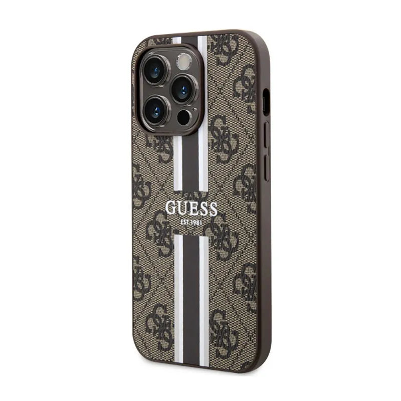 Guess 4G Printed Stripes MagSafe – dėklas iPhone 14 Pro (rudas)