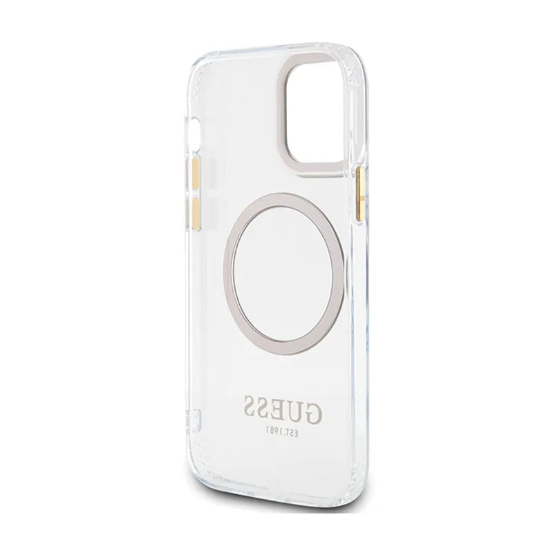 Guess Metal Outline MagSafe – dėklas iPhone 12 / iPhone 12 Pro telefonui (skaidrus / auksinis)