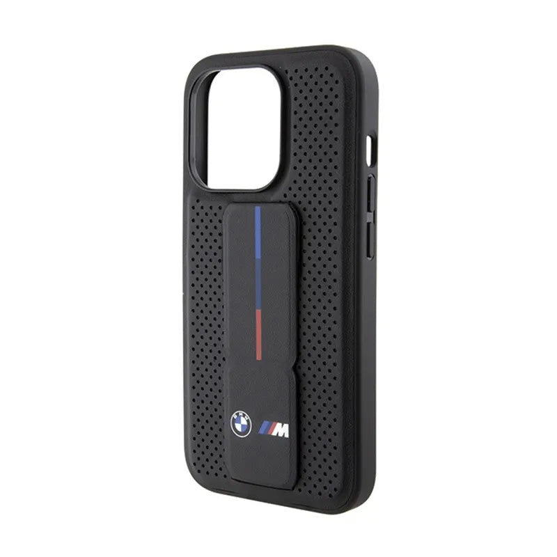 BMW Grip Stand Smooth & Perforated - dėklas iPhone 15 Pro telefonui (juodas)