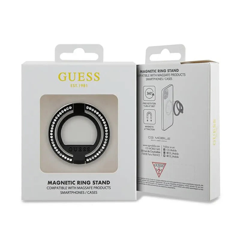 Guess MagSafe Ring Stand Rhinestone – magnetinis piršto laikiklis telefonui su stovo funkcija (juodas)